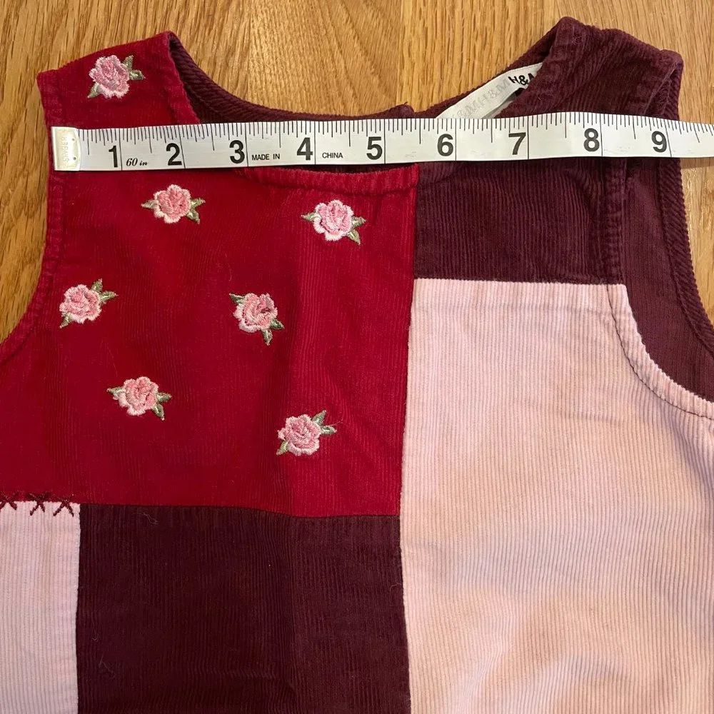 H&M Girls Jumper Dress Pink Burgundy Patchwork Corduroy Size 3-4Y